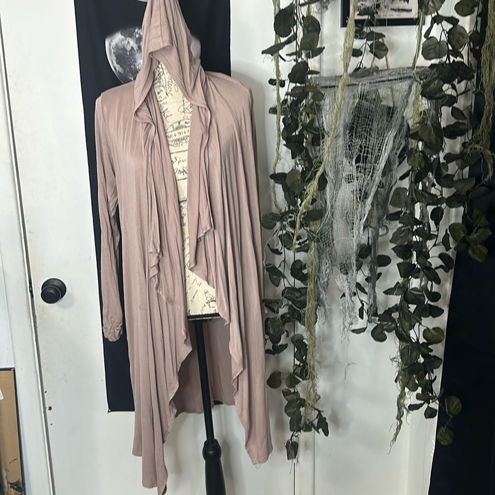Tan Knee Length Drape Hooded Cardigan Boutique L